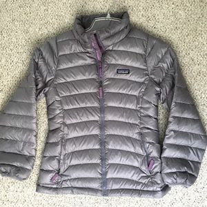 Patagonia Kids XL 14 Duck Down Puffer Coat Jacket Grey and Purple Zip Up Winter